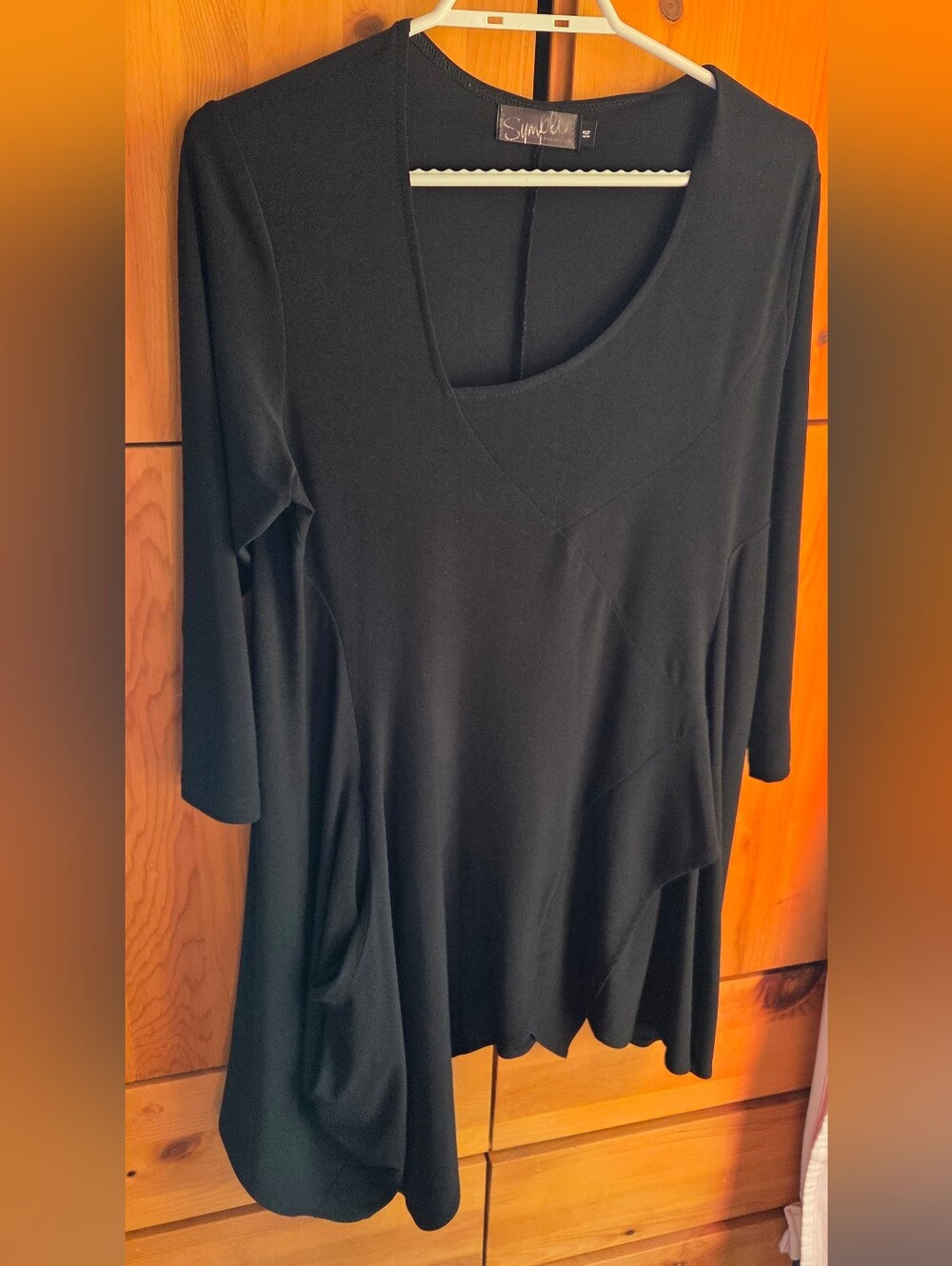 Sympli Women's Black 3/4 Sleeve Asymetrical Hem & Neck Tunic Top Size 14